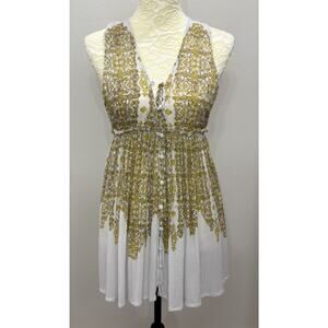 FP One Free People Womens XS V-Neck‎ Mini Dress Green Yellow Buttons Sleeveless